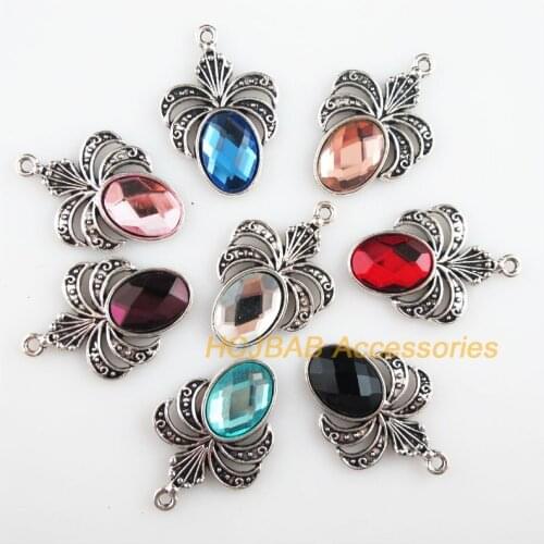 Fashion 8Pcs New Oval Charms Tibetan Silver Tone Retro Mixed Crystal Pendants 22x32mm