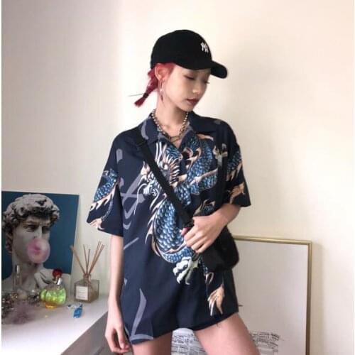 New flying dragon print loose men and women couple short-sleeved shirt