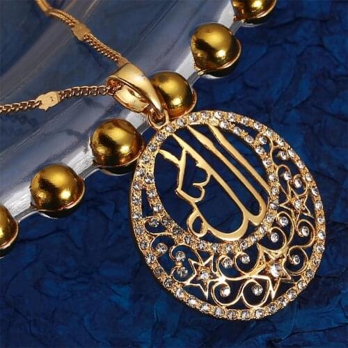 24k Gold Color Crystal Muslims Allah Pendant Necklace Arabic Islamic Trendy Rhinestone Chain Jewelry