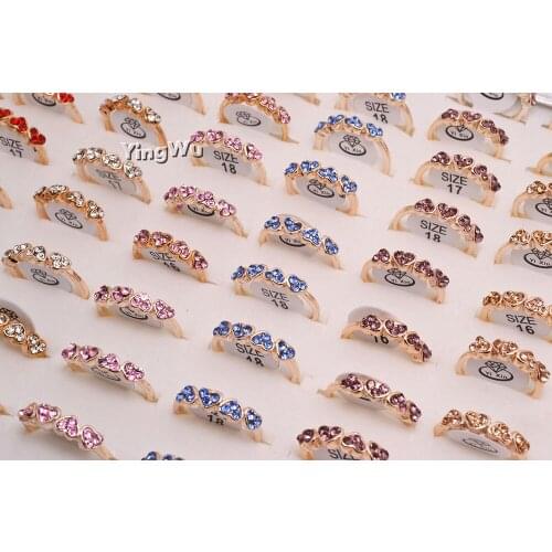 Yingwu 30pcs Mixed Lot Crystal Love Heart Bling Rhinestone Rings Women Girls Gold Plated Rings Wholesale Jewelry