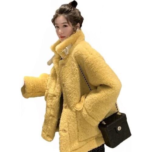 2021 Female Korean Autumn Winter Jackets Women Loose Lamb Plush Padded Stand Collar Imitation Lamb Wool Coat Outerwear 103b