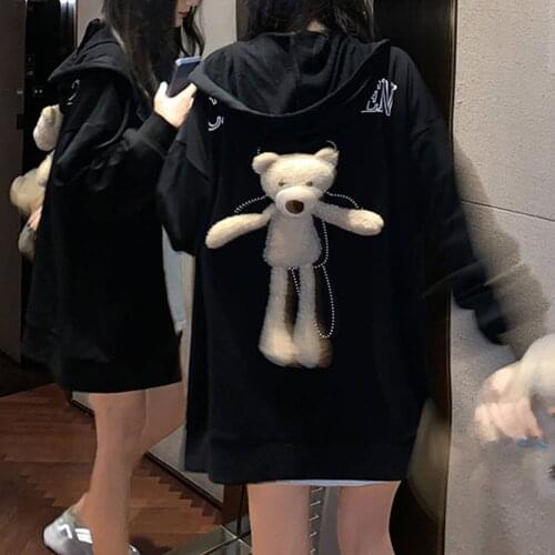 Women Cute Back With Bear Doll Zipper Hooded Jacket Coats Outwear Girls' Y2k Clothing Harajuku Vintage Style Coat FW2021