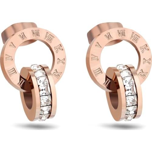 Top Brand Rose Gold Color Roman Numerals Zircon Stud Earring for Women 316L Stainless Steel Fashion Jewelry KE001