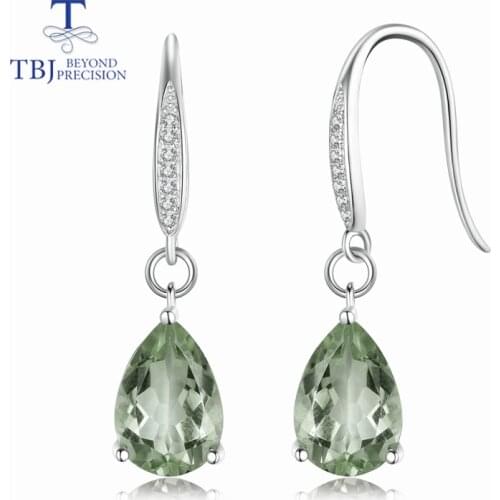 TBJ,Hot sale 6ct natural green amethyst quartz gemstone Dangle hook Earrings Pure 925 Sterling Silver Fine Jewelry For Women