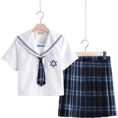 Women Japanese School Dresses Blue Plaid Pleated Skirt For Girls Sailor Suit With Tie Cosplay Anime Students Jk Uniforms Costume