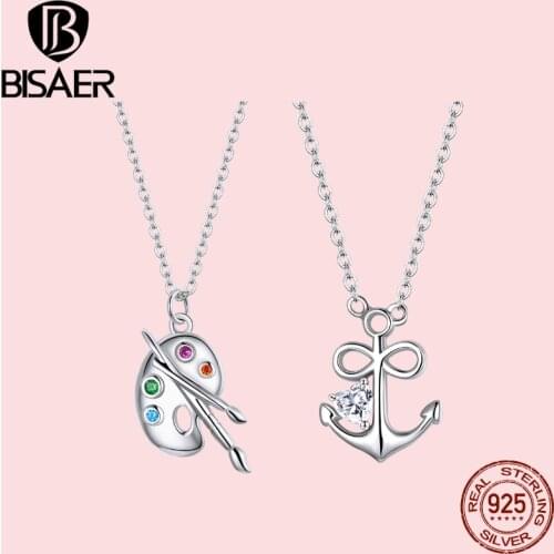 BISAER 2021 New Pendant Necklace 100% 925 Sterling Silver Colorful Palette Anchor Necklace For Women Gift Jewelry Brincos ECN457