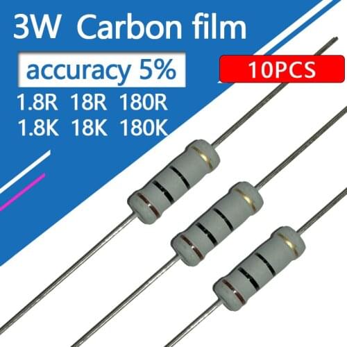 10pcs/lot 3W Carbon film resistor Four color circle 1.8R 2R 2.2R 1K8 2K 2.2K 18 20 22 180 200 220 R K Ohm 3W resistance