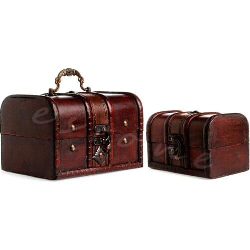 2021 New 2pcs Set Wooden Pirate Jewelry Storage Box Case Holder Vintage Treasure Chest