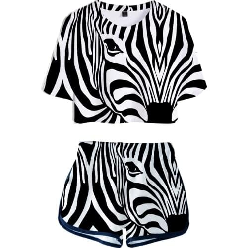 Fashion Design Navel T-shirt Two-piece Set + Shorts Ladies Sexy Navel T Shirt 3D Printing Zebra Texture Street Wear Set Quality