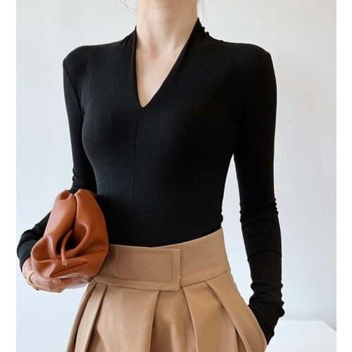 Womens Blouse V-Neck Long Sleeve T-shirts Spring Autumn Slim Tops Women Black Grey White Solid Office Lady Skinny Woman Blouses