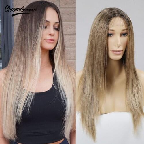 CharmSource Long Straight Wig Brown Ombre Blonde Synthetic Front Lace Wigs for Women Daily Hair High Density Heat Resistant