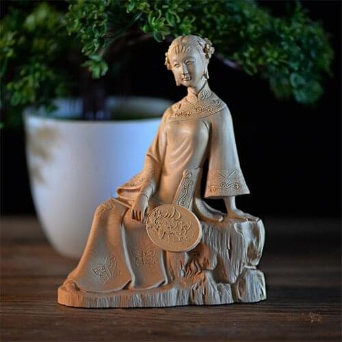 14CM Jiangnan Chinese style with fan Beauty female statue Handmade Wood Decoration Crafts