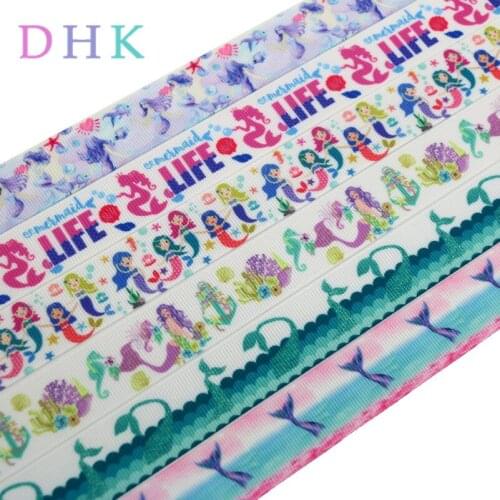 DHK 50yards fish mermaid printed grosgrain Ribbon Accessory hairbow headwear decoration Wholesale OEM DIY S896