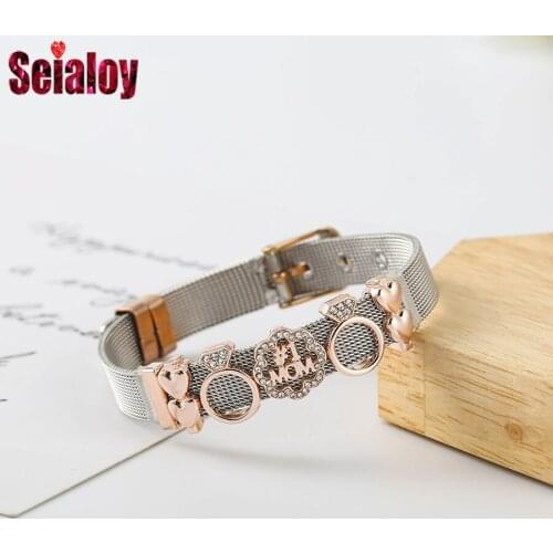 Seialoy Two Colors Stainless Steel Strap Bracelets For Women Rose Gold #MOM Heart Beads Charm Watch Bracelet & Bangle Jewelry