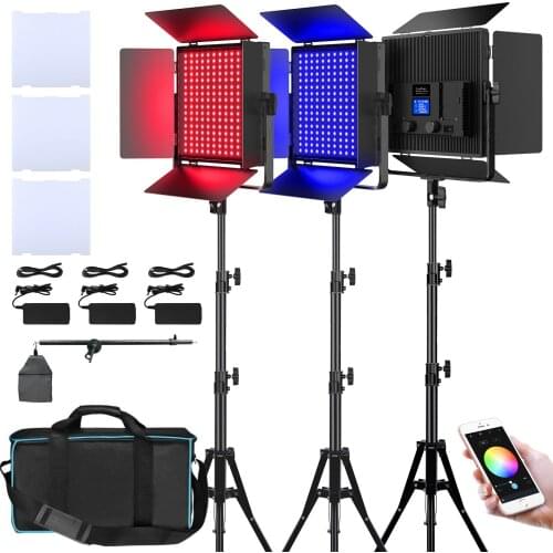 Photography Lighting Kit R60 3 Packs LED Video Light 60W RGB Studio Lights for Video Recording with APP Control,3200K-7500K, Alu