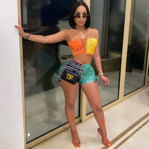 Echoine Printed Strap Crop Top Shorts Set Two Piece Set Sporty Tracksuit Sexy Bodycon Fitness Patchwork Matching Set Party Club