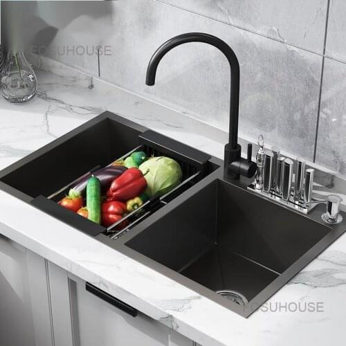 Kitchen Sink Double Tank Set Stainless Steel Dishwashing Basin Thickened Water Basin Vegetable Basin Black Handmade Sink