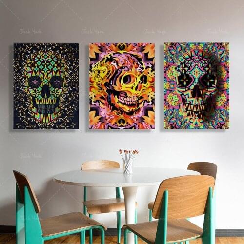 Kull Canvas Print, Skull Print, Colorful Sugar Skull Set Wall Art, Abstract Pattern Modern Skull Art Print Home Decor Gift