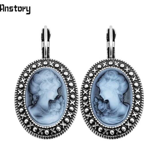 Lady Queen Cameo Hook Earrings For Women Vintage Look Antique Silver Plated Fashion Jewelry TE491