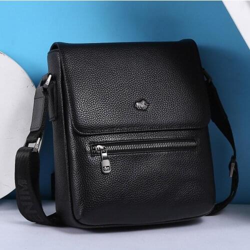 Bison Denim New Black Messenger Bag for Men Genuine Leather Crossbody Bag Flip Cover Large Capacity iPad Shoulder Bag