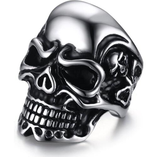 Mens Vintage Biker Skull Stainless Steel Ring Fine Detail Punk Biker Jewelry Gift