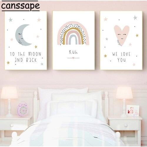 Nursery Wall Art Print Custom Name Canvas Poster Moon Rainbow Prints Love Paintings Nordic Posters Baby Kids Room Decoration