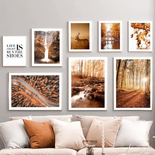 Waterfall Creek Maple Leaf Deer Pine Wall Art Canvas Painting Nordic Posters And Prints Wall Pictures For Living Room Fall Decor