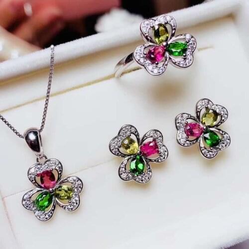 Real Natural Tourmaline jewelry set Natural Real Tourmaline 925 sterling silver 1pc pendant,1pc ring,2pcs Earring