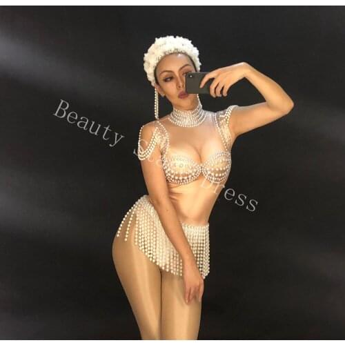 New Women Sexy Singer Bodysuit Sleeveless Sparkling Crystals Pearls Jumpsuit Nightclub Party Stage Wear Bling Dance Costumes DJ