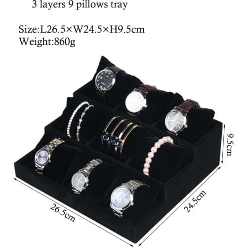 New Arrival Luxury Black/Gray Velvet Linen Bracelet 9 Pillows Tray Watch Stud Hand Catenary Jewelry Tray Plate Holder Display