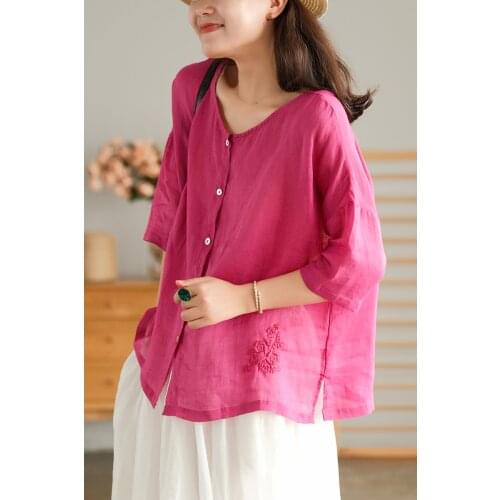 New Women Shirts Summer Mori Girl Style Solid Color Loose Embroidery Furcal Single-Breasted Half Sleeve Female Fashion Tops