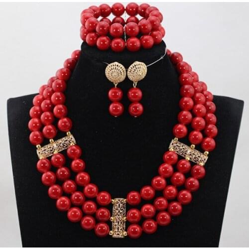 Charming Red Round Beads African Jewelry Sets New Dubai Bridal Jewellery Set Big Beads Red Necklace Set WD993