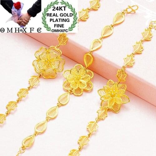 OMHXFC Wholesale BE379 European Fashion Fine Woman Girl Party Birthday Wedding Gift Flower Hollow Out 24KT Gold Bracelet Bangle