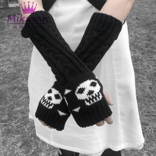 Japanese Harajuku Black Skull Gloves Women Half Finger Knitting Warm Long Glove Gothic Punk Length Sleeve Fingerless Mittens