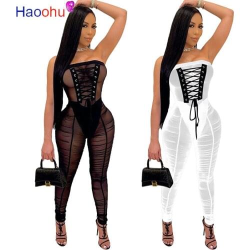 HAOOHU Mesh See Though Lace Up Strapless Jumpsuit Sexy Night Club Party Stacked Ruched Romper One Piece Overall Outfits