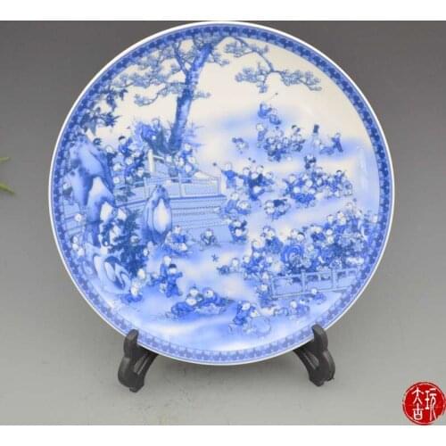 Rare old Chinese porcelain plate,white and blue,Childrens play chart,Hand painting,Decoration /Collection/ crafts,Free shipping