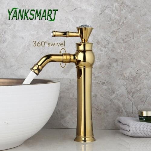 YANKSMART Luxury Gold Plating 360 Swivel Bathroom Basin Sink Faucet Deck Mounted Single Handle Faucet Cold & Hot Water Mixer Tap