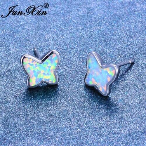 JUNXIN Cute Animal Butterfly Stud Earrings For Women White Fire Opal Earrings Silver Color Small Wedding Earrings Jewelry