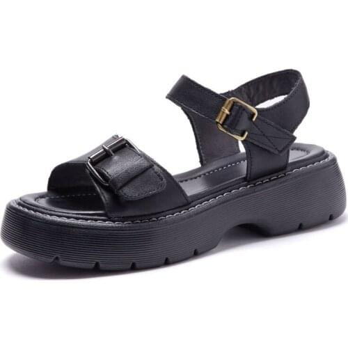 Handmade Retro Summer Women Sandals 100% Genuine Cow Leather Flat Platform Shoes Woman Open Toe Chunky Slingback Casual Sandals