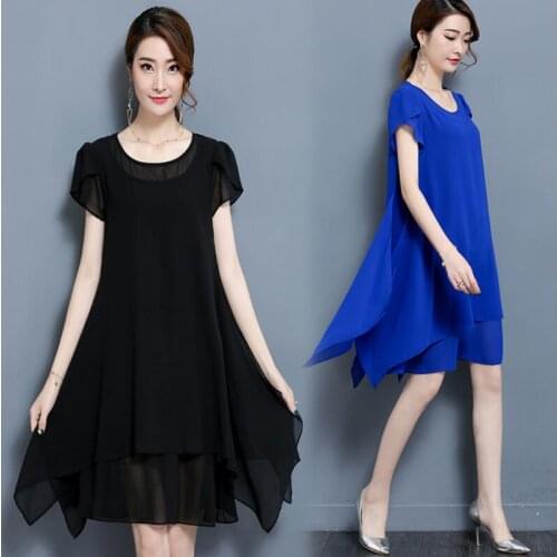 Two Layer Chiffon Dress Female Elegant Casual Loose Short Sleeves Dress Woman plus Size L-4XL 5XL Pure O-neck Dress Black