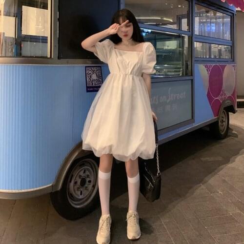 Kawaii Lolita Style Dress Sweet Mori Series Thin Puff Sleeve Square Collar Fairy Dress Soft Girl Puffy Dresses Summer