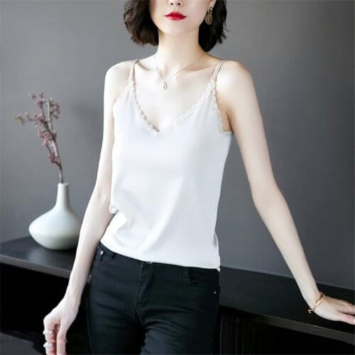 Women Lace Camisole Silk Surface Summer Slim Sexy Base Top Pullover Loose Wear Girls Elegant Bottoming Shirt All-match Trend