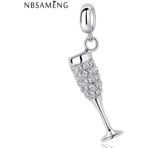 New S925 Sterling Silver European Wineglass Charms Pendant Crystal Beads Fit Bracelets For Women DIY Gift Jewelry