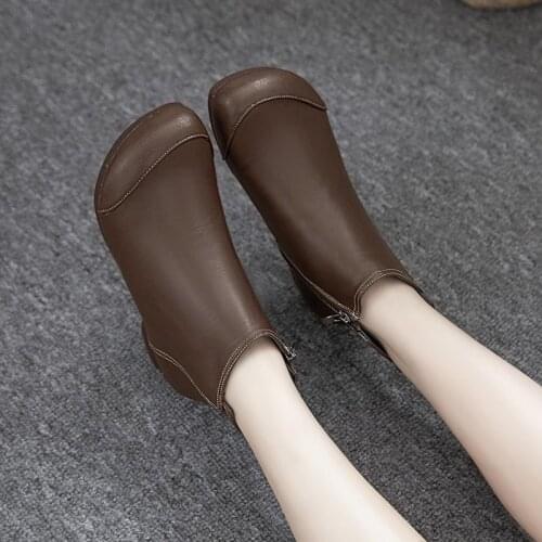 COOTELILI Womens Ankle Boots 2.5cm Heel Round Toe Slip On Black Brown Flats New Fashion Shoes For Woman Plus Size 41 42 43