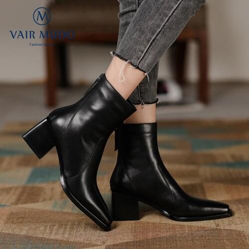 VAIR MUDO 2021 New Boots Elegant HIgh Heels Black Brown Concise Zipper Genuine Leather Spring Autumn Winter Footwear Shoes WM-X8