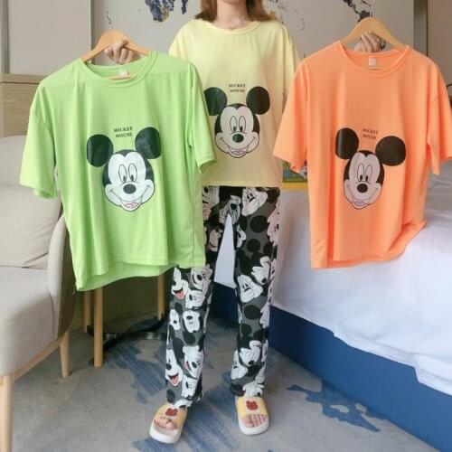 Disney Cartoon Mickey Mouse Donald Duck Goofy Womens Summer Suit Kawaii Cute Short Sleeve Tops and Print Pant 2 Piece Set Women