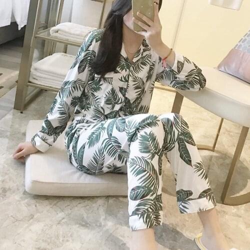 2020 Womens Polyester Satin Printed Pyjamas Set Long Sleeve Sleepwear Pajamas Suit Female Sleep Two Piece Set Loungewear