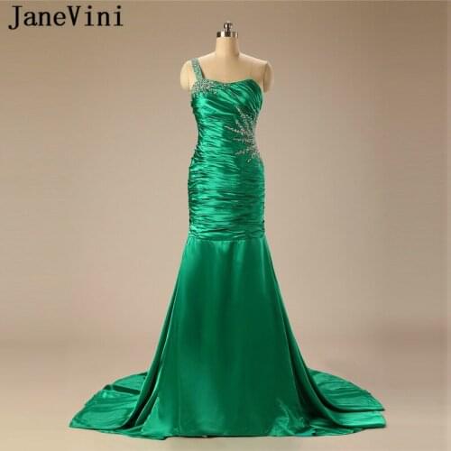 JaneVini Sexy Mermaid Green Prom Dress 2019 One Shoulder Sequins Beaded Backless Satin Dresses Sweep Train Black Girl Prom Dress