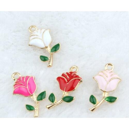 10pcs 13*24MM DIY enamel rose flower charms alloy small metal bracelet pendant accessories fashion gold color jewelry dangle
