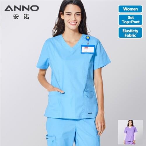 ANNO Elasticity Scrubs Set Body Nurse Uniform for Female Clinical Clothing Shirt Pant Beauty Salon Wok Wear Nursing Gown